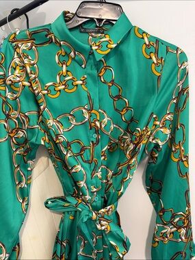 Dunnes Green Chain-Print Long Sleeve Shirt Dress